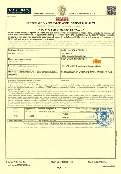 Certificato Direttiva 2014/68/UE (PED) mod.D1